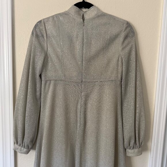 Vintage Long Silver Glitter Maxi Dress W/ High Neck & Balloon Sleeves Sz S/M - Picture 4 of 8